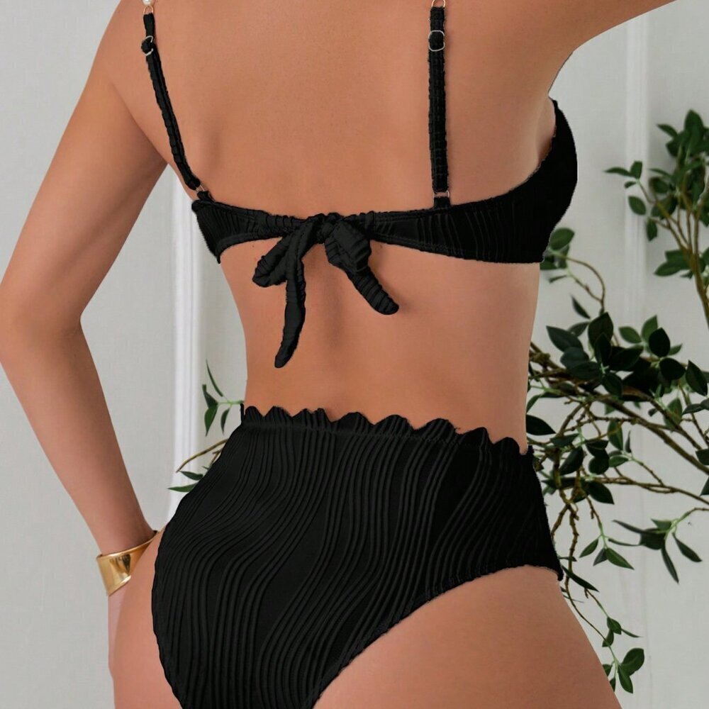 Black Cute Women's Beach Faux Pearl Decorated Shoulder Strap Sexy Bikini Set - Picture 2 of 6